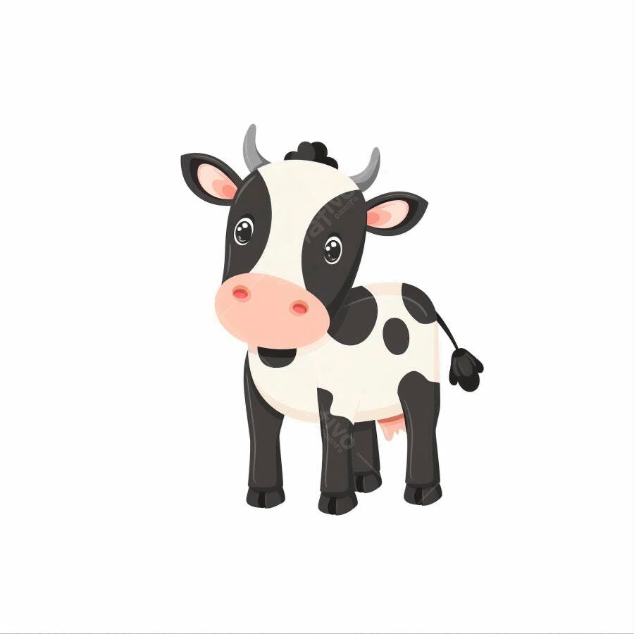 Vaca cartum branca e preta com grandes olhos amigáveis e manchas