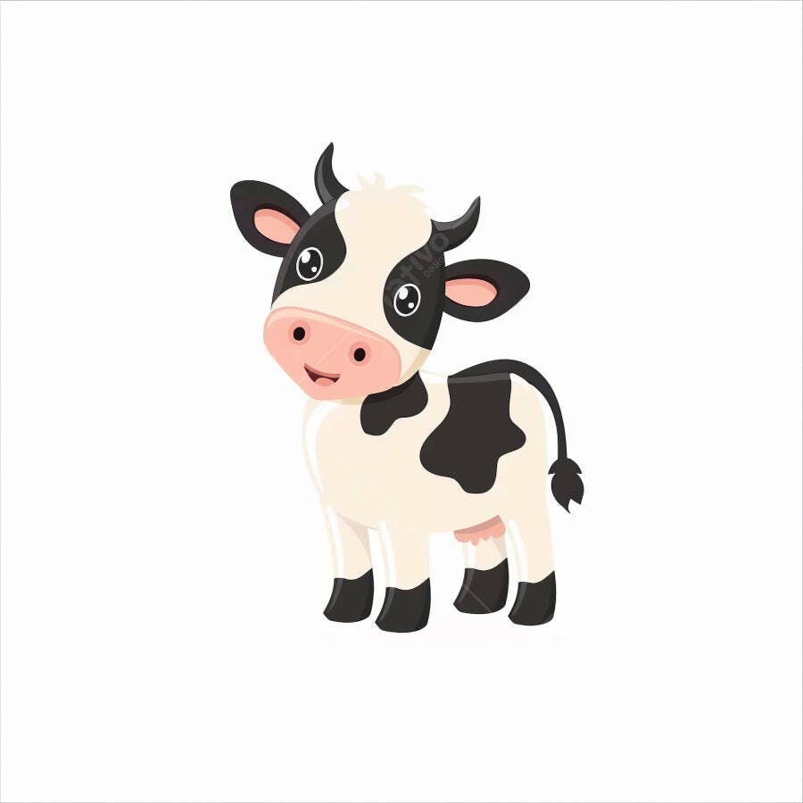 Vaca bezerro preta e branca sorrindo ilustração vetorial