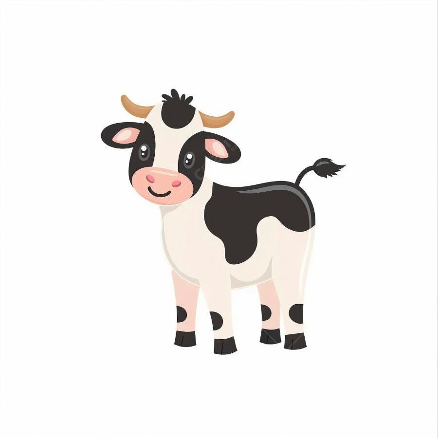 Bezerro feliz preto e branco em estilo desenho animado