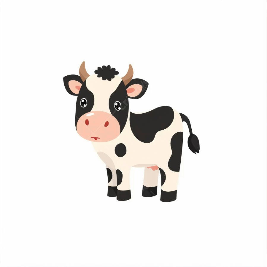 Vaca de desenho animado preta e branca com chifres isolada