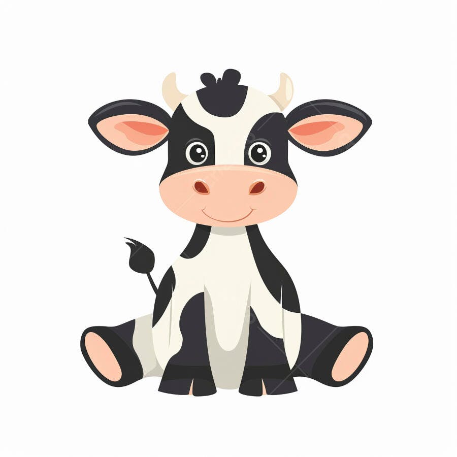 Vaca cartoon preta e branca sorrindo sentada no chão