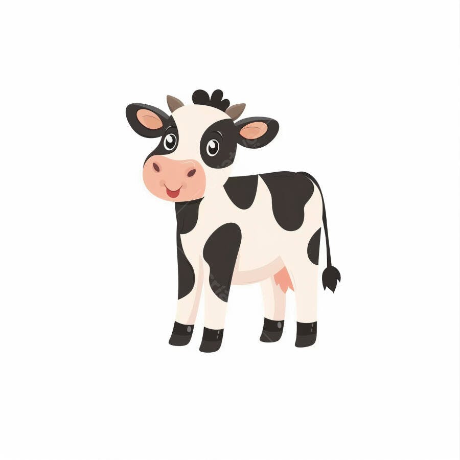 Vaca sorridente em desenho animado fofo com manchas pretas e brancas