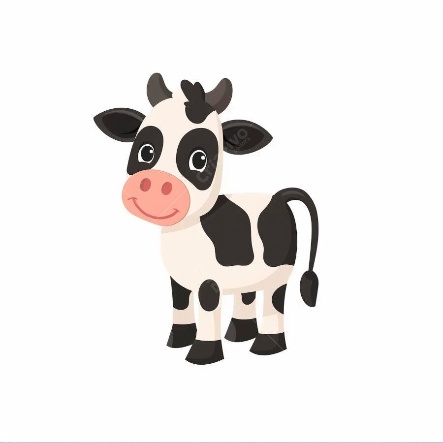 Vaca cartoon feliz com manchas pretas em fundo branco