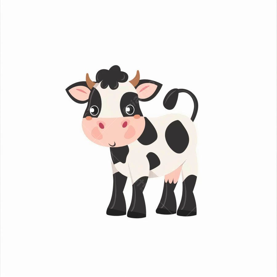 Vaca desenho animado preta e branca com nariz rosa fofa e amigável