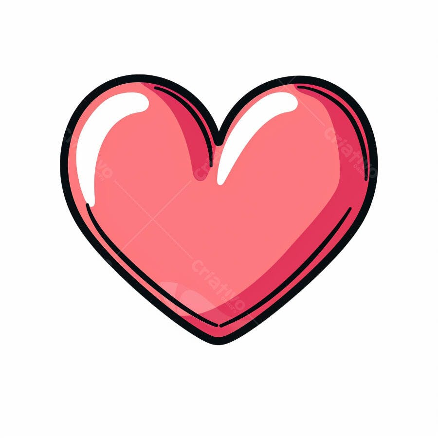 Coração rosa glossy ilustração estilo desenho animado com contorno preto