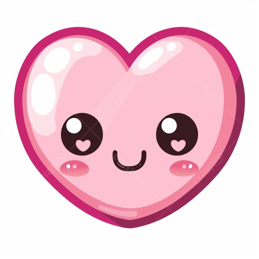 Coração rosa kawaii sorrindo com bochechas rosadas sobre fundo branco