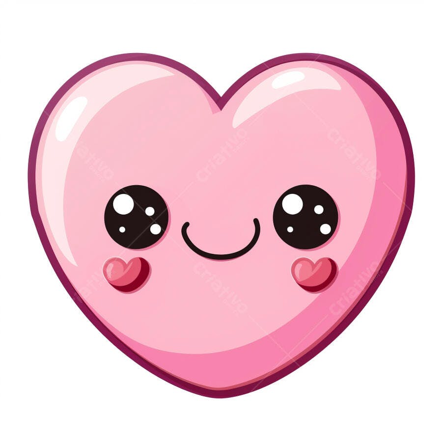 Coração rosa kawaii sorrindo com bochechas coradas ilustração fofa