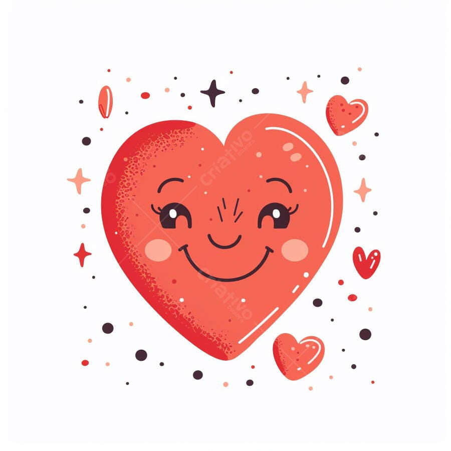 Coração vermelho sorrindo desenho animado rodeado por estrelas e pontos de amor