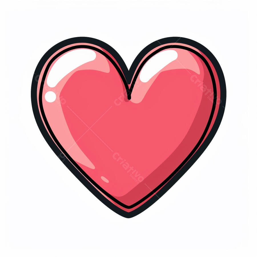 Coração rosa brilhante com contorno preto estilo desenho animado amor e paixão