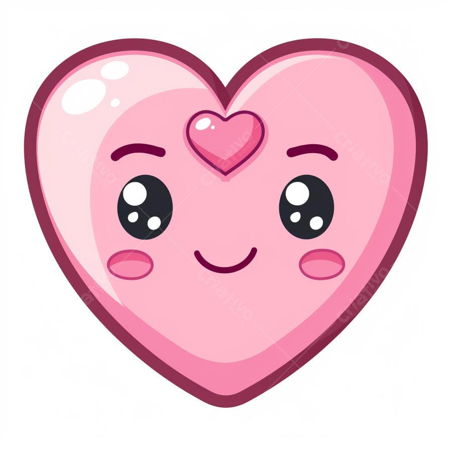 Coração rosa feliz kawaii com bochechas rosadas e olhos grandes