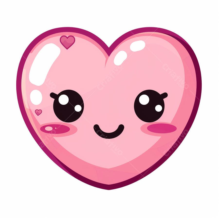 Coração rosa kawaii sorrindo com olhos grandes e bochechas coradas