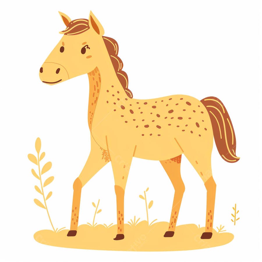 Cavalo amarelo com manchas marrons em ilustração infantil fofa