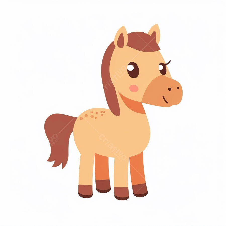 Cavalo pônei fofo de desenho animado com crina marrom e manchas