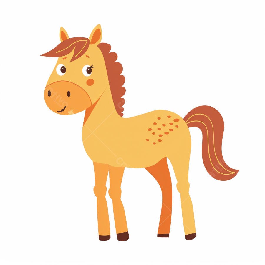 Cavalo de desenho animado amarelo e laranja sorrindo amigavelmente em fundo branco