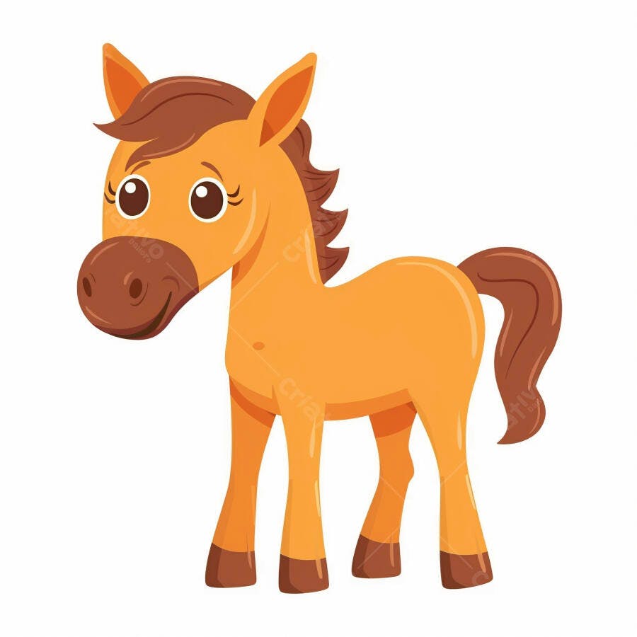 Cavalo de desenho animado laranja e marrom sorrindo em fundo branco para crianças