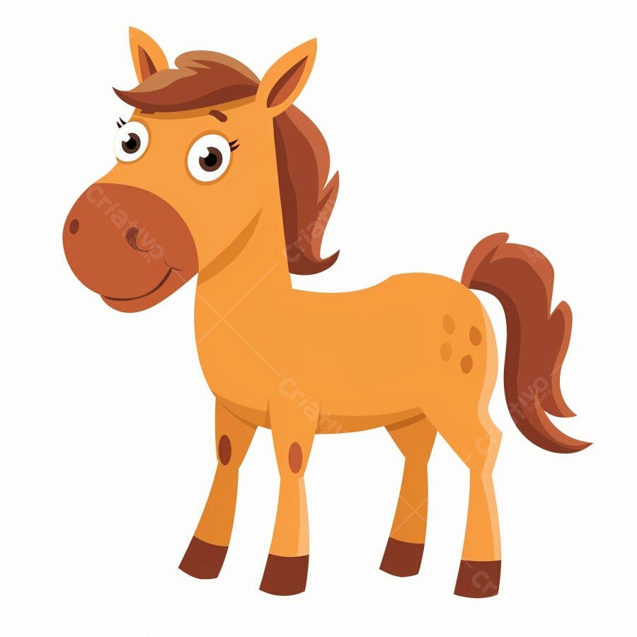 Cavalo de desenho animado alegre com crina marrom em fundo branco