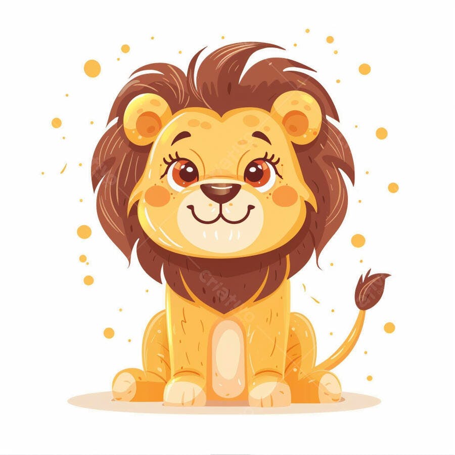 Leão filhote amarelo sentado sorrindo em ilustração infantil com pontos laranjas