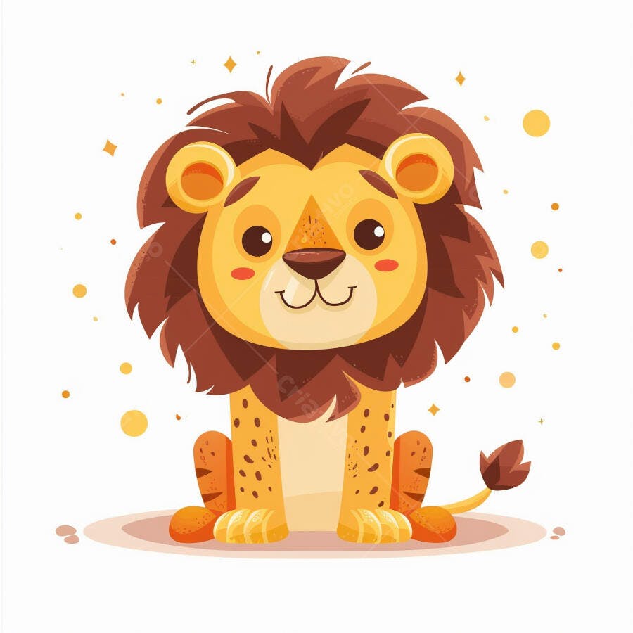 Leão fofo desenho animado sentado com juba marrom e sorriso amigável