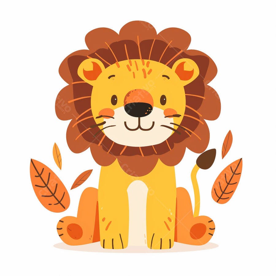 Leão fofo amarelo e marrom sentado com folhas outonais ilustração infantil