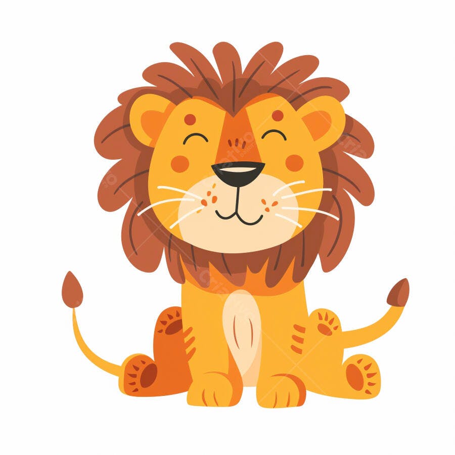 Leãozinho filhote sentado sorrindo ilustração amarela e marrom fundo branco