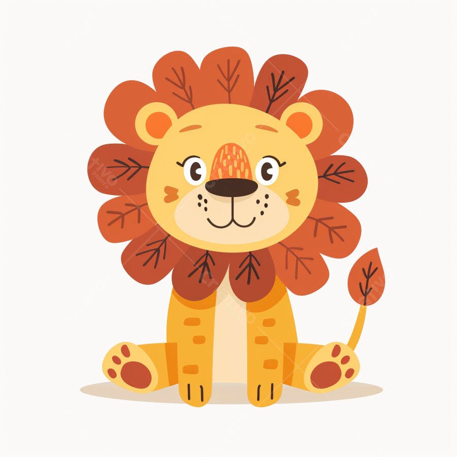 Leão filhote desenho fofo sentado com juba de folhas laranja