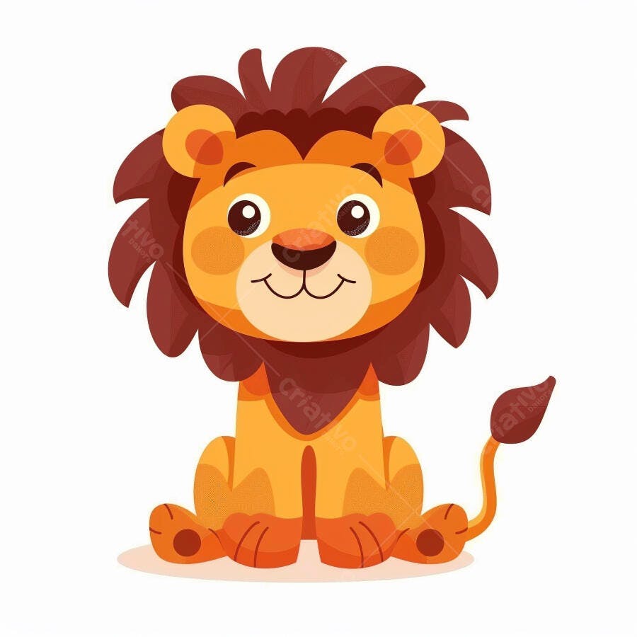 Leão de desenho animado fofo sentado e sorrindo com juba marrom e laranja