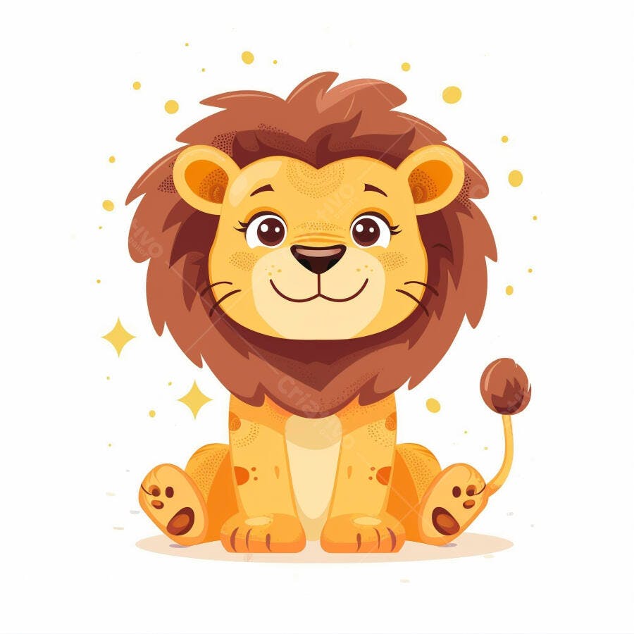Leão filhote amarelo e marrom sentado sorrindo ilustração infantil