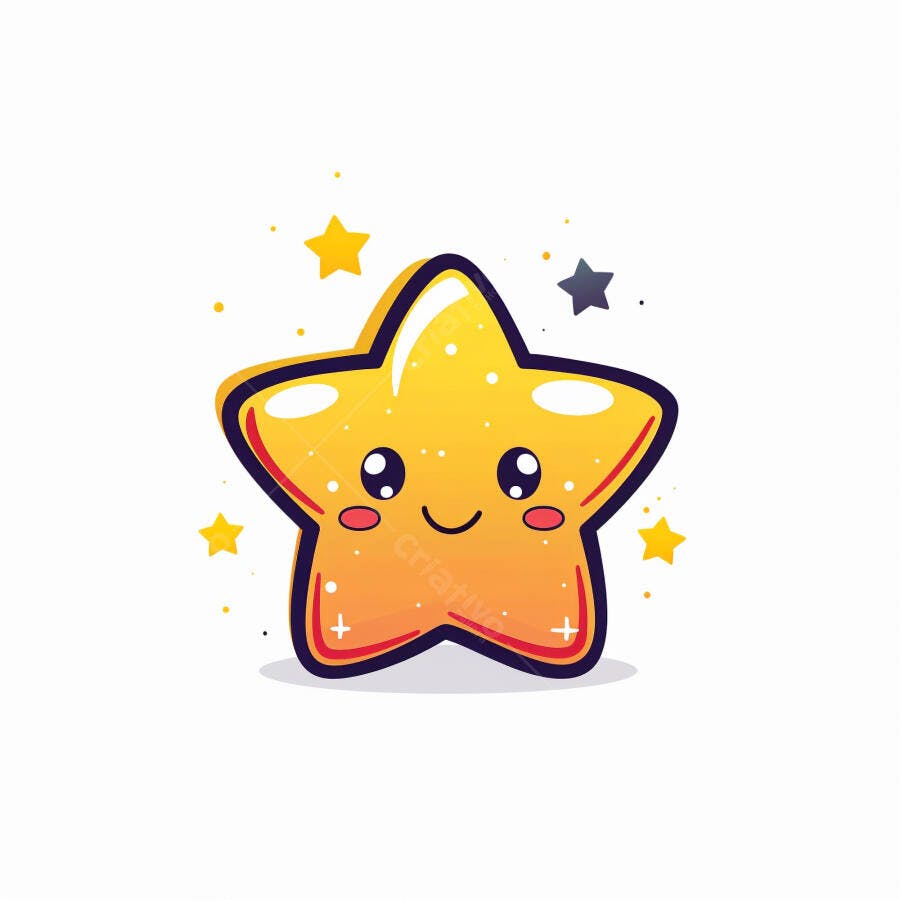 Estrela amarela e laranja sorrindo ilustração fofa com brilhos em fundo branco