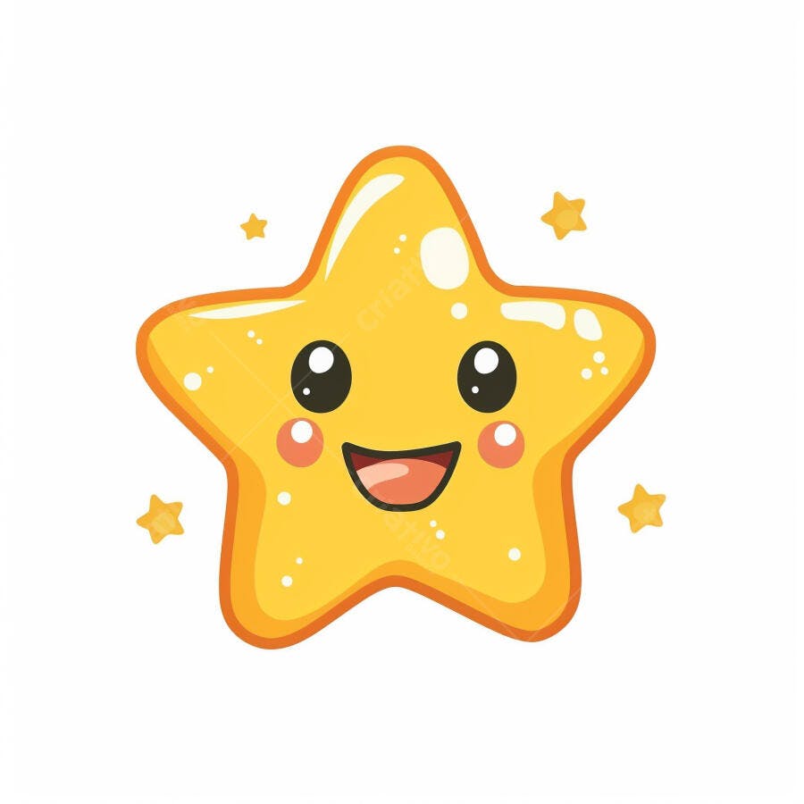 Estrela amarela de desenho animado sorrindo feliz com bochechas rosadas e brilho