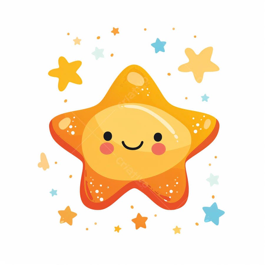 Estrela feliz laranja e amarela com bochechas rosadas cercada por estrelinhas coloridas