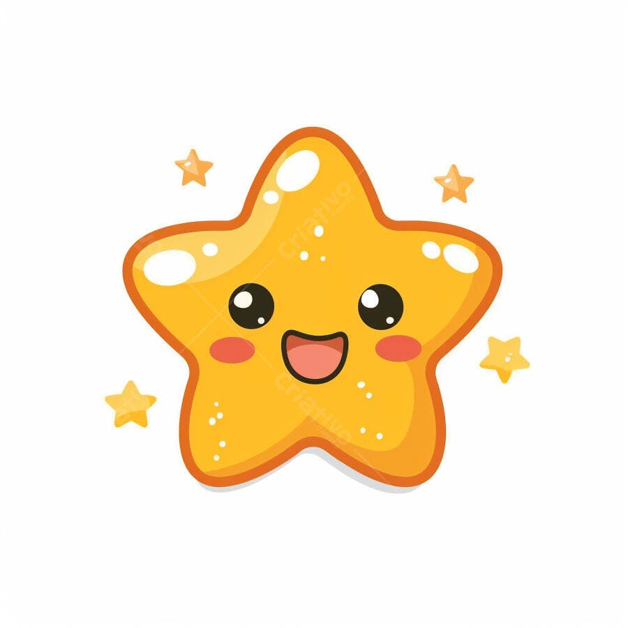 Estrela amarela fofa sorrindo com olhos grandes e pequenas estrelas ao redor