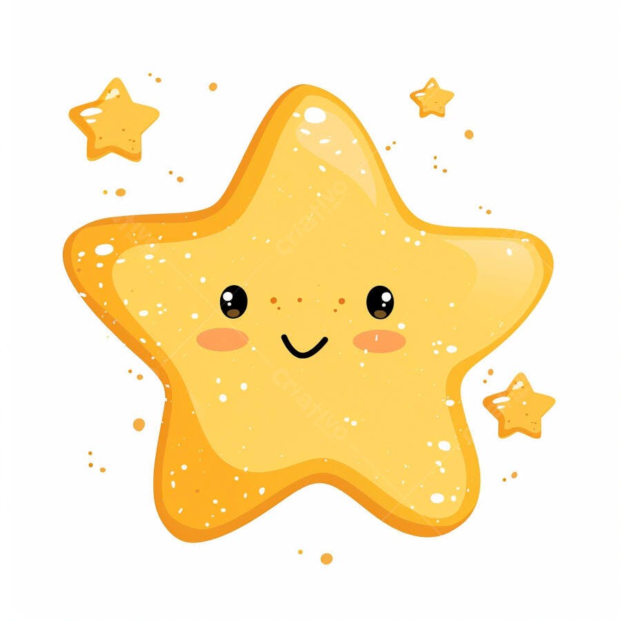 Estrela amarela sorridente de desenho animado com estrelas brilhando