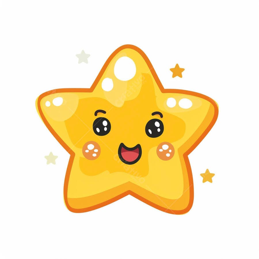 Estrela amarela de desenho animado sorrindo feliz com pequenas estrelas