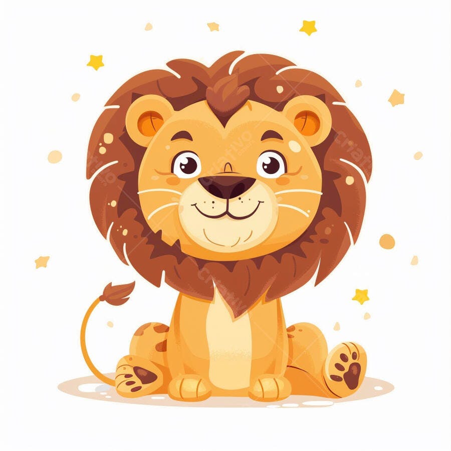 Leão de desenho animado fofo sentado e sorrindo com estrelas amarelas