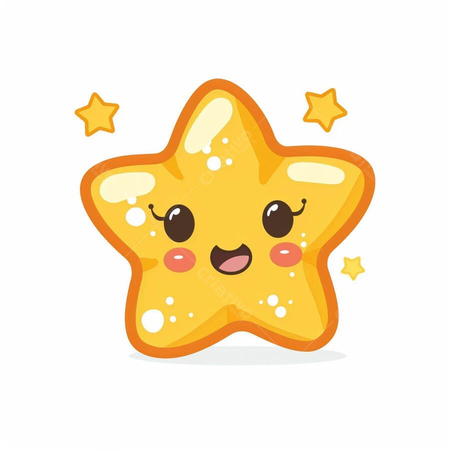 Estrela amarela de desenho animado sorrindo feliz com pequenas estrelas