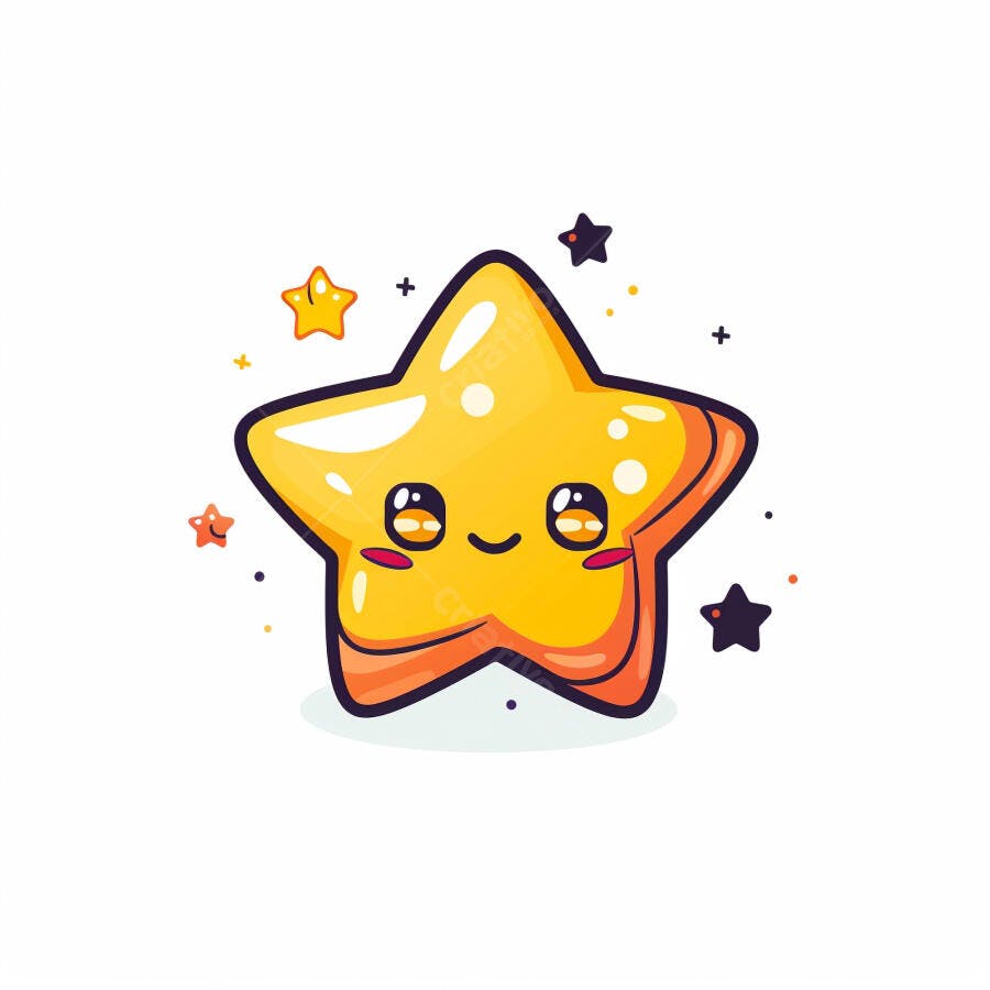 Estrela kawaii amarela sorrindo com brilhos e estrelas pequenas