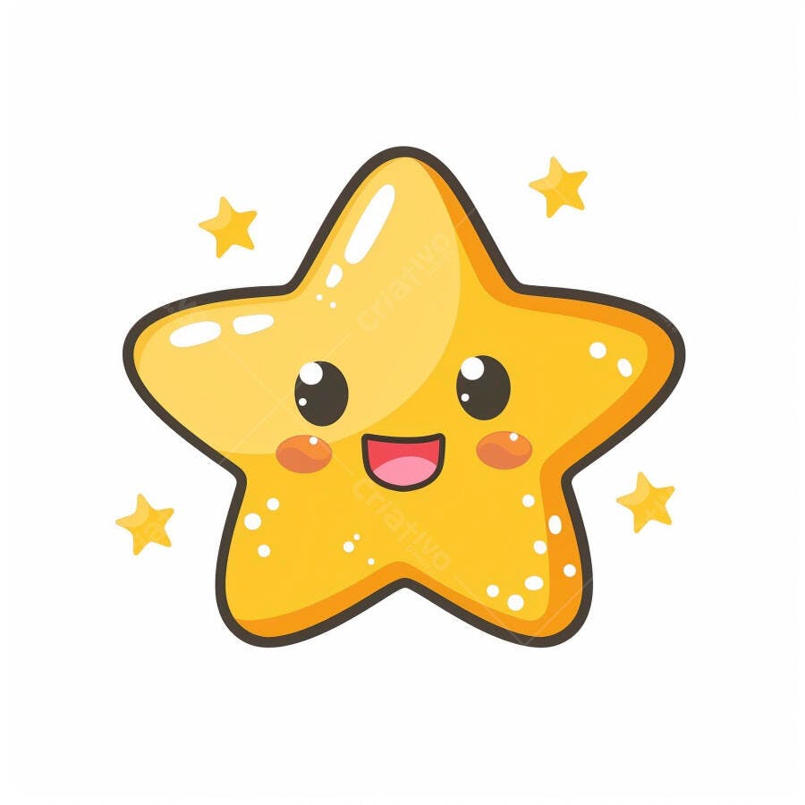 Estrela amarela feliz desenho animado brilhando em fundo branco