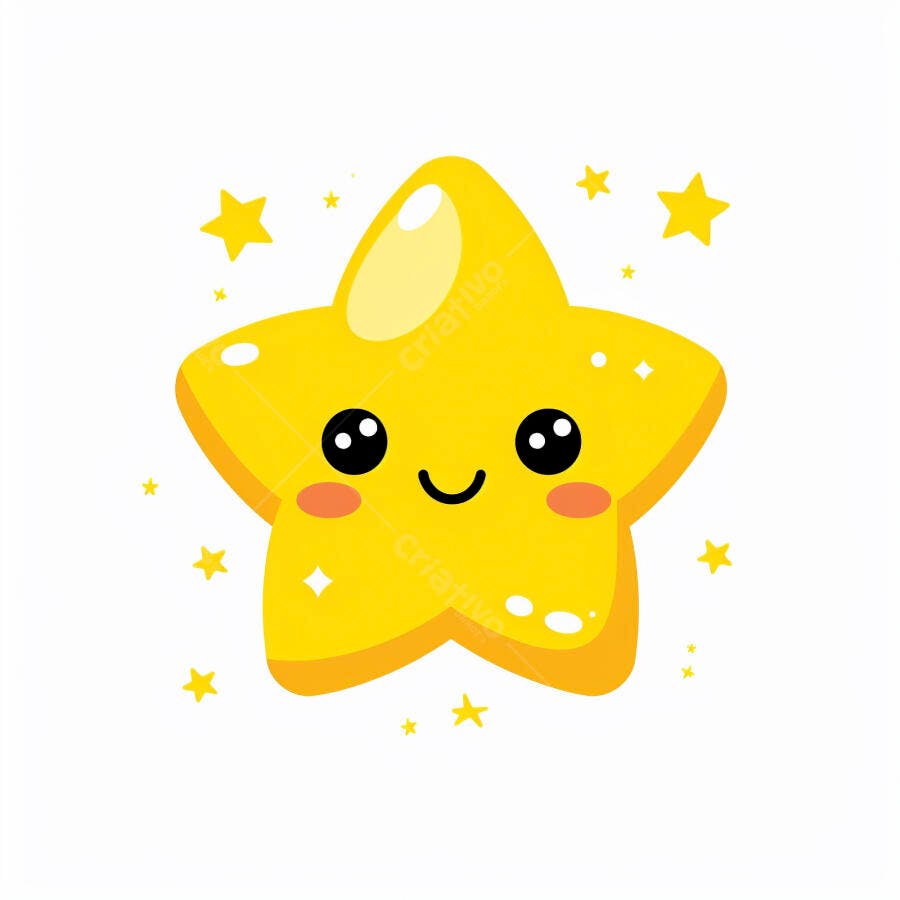 Estrela amarela de desenho animado sorrindo rodeada por estrelas pequenas