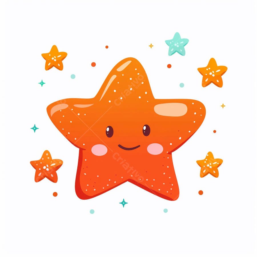 Estrela do mar laranja sorrindo com estrelas coloridas em ilustração infantil