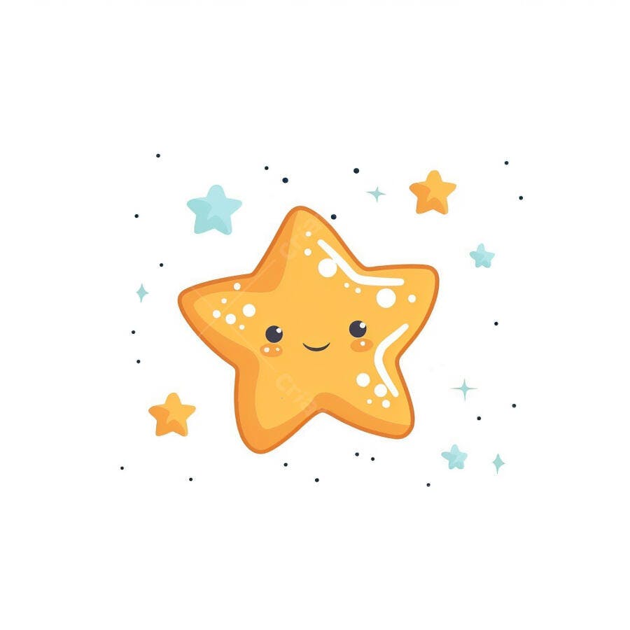 Estrela amarela sorridente de desenho animado com pequenas estrelas azuis e pontos