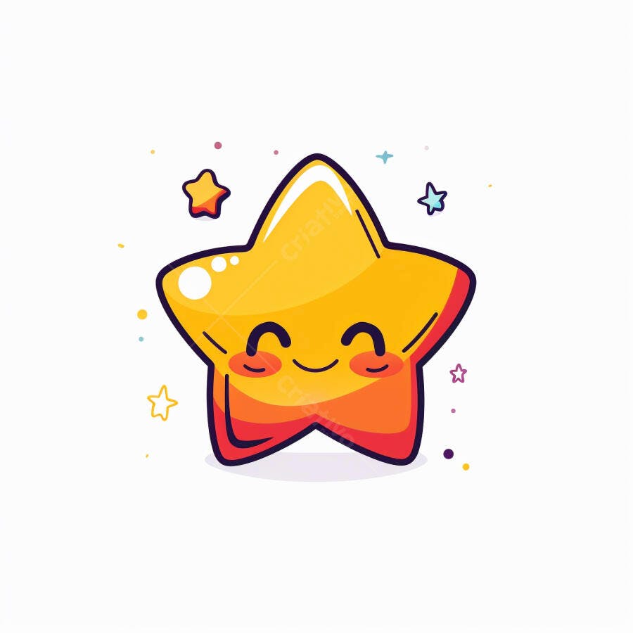 Estrela dourada sorrindo feliz estilo desenho animado com brilhos coloridos