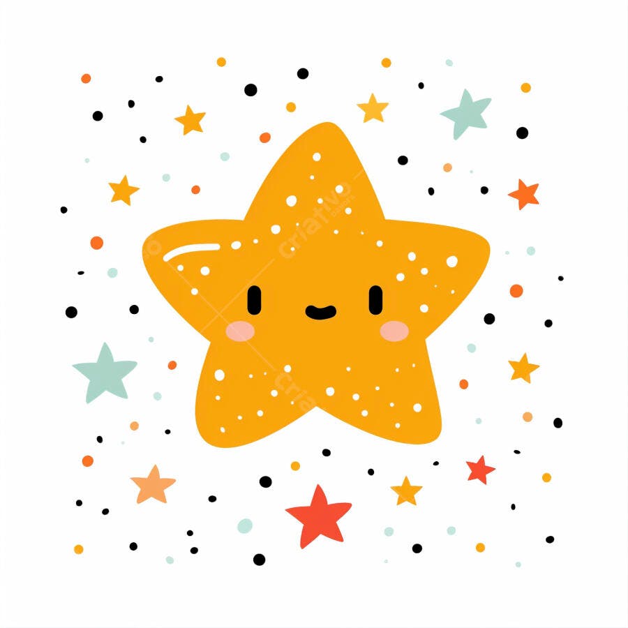Estrela amarela kawaii sorridente com estrelas e pontos coloridos