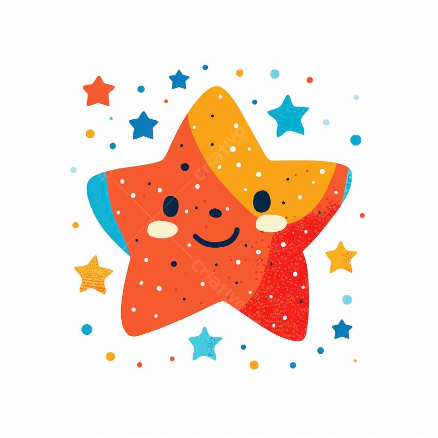 Estrela sorridente colorida com estrelas pequenas e pontinhos flutuantes
