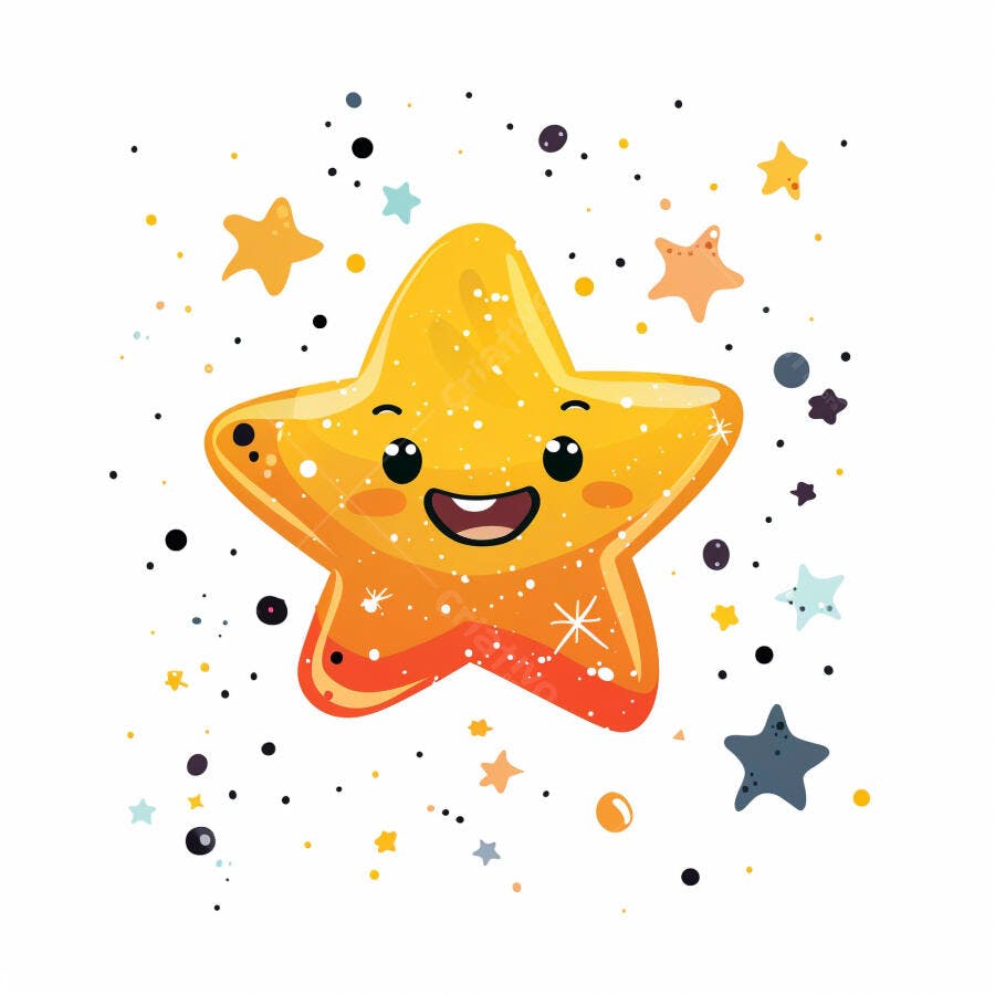 Estrela amarela de desenho animado sorrindo em meio a estrelas coloridas