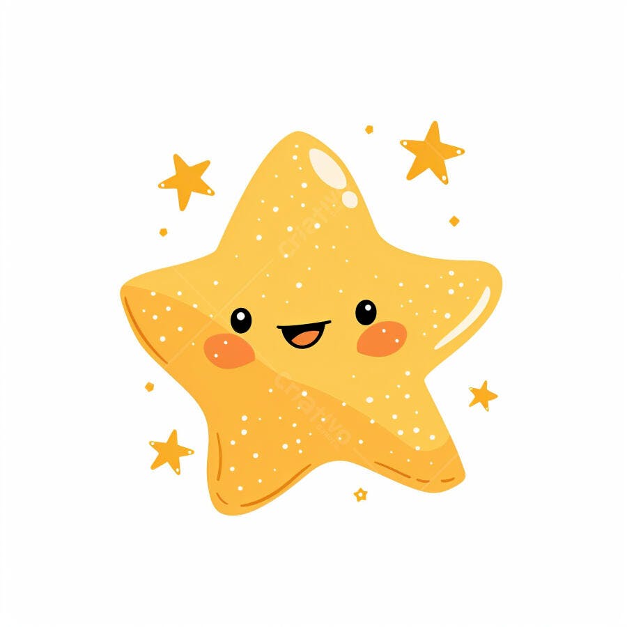 Estrela amarela sorrindo desenho animado com brilhos em fundo branco