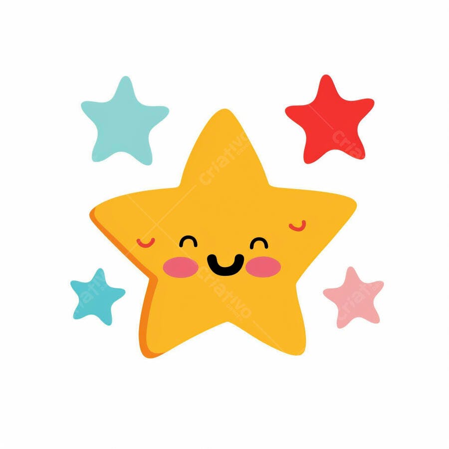 Estrela amarela feliz de desenho animado rodeada por estrelas coloridas