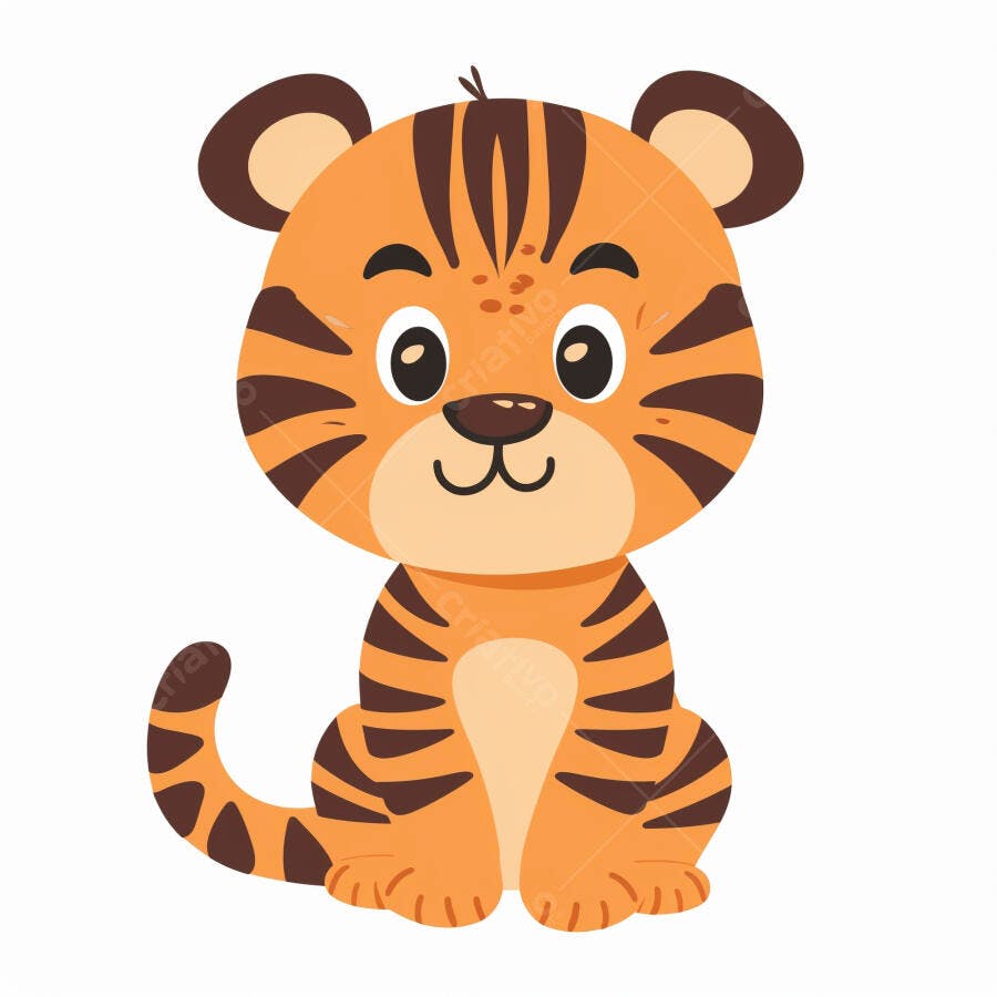 Tigre filhote laranja e marrom sentado feliz estilo desenho animado