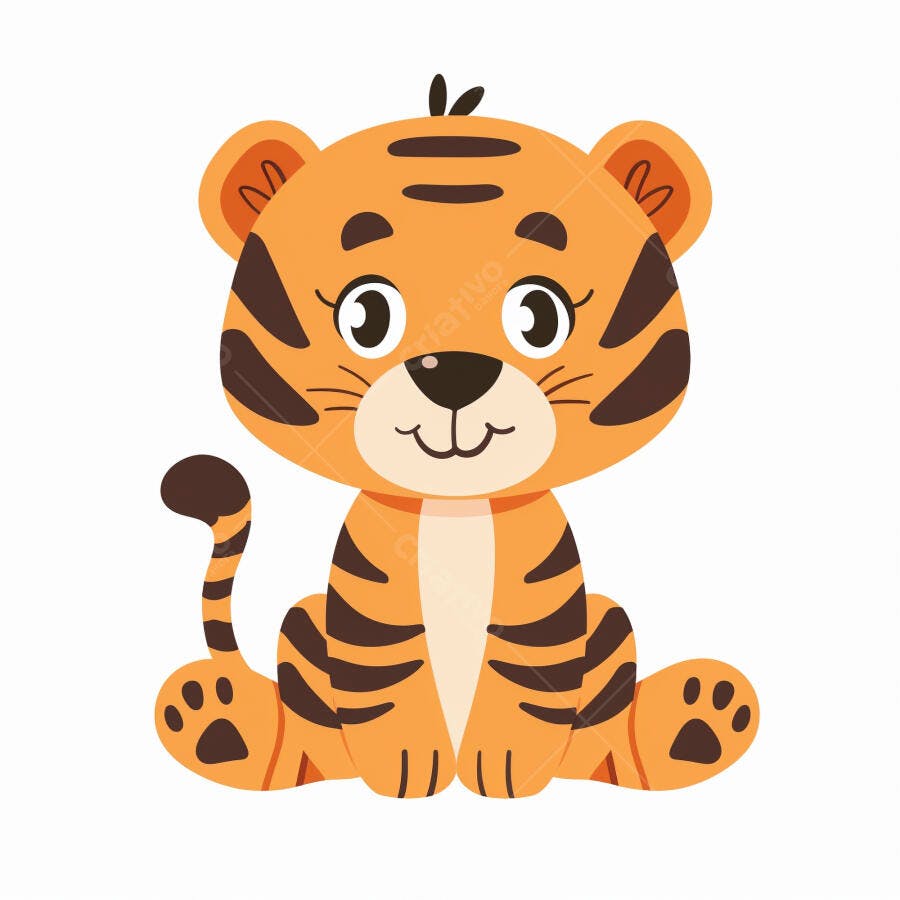 Tigre filhote laranja e preto sorrindo sentado ilustração infantil
