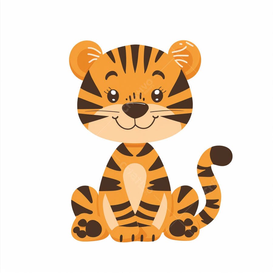 Tigre filhote laranja e preto sorrindo sentado ilustração infantil fofa