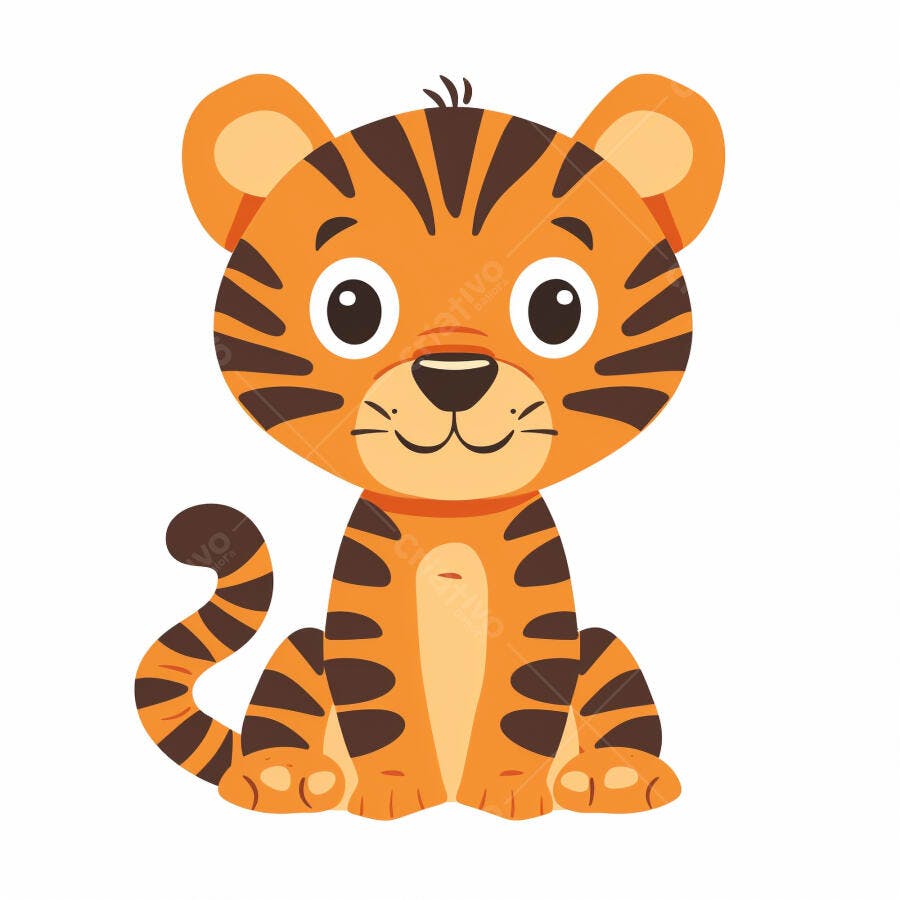 Tigre bebê laranja e marrom sorrindo sentado ilustração infantil